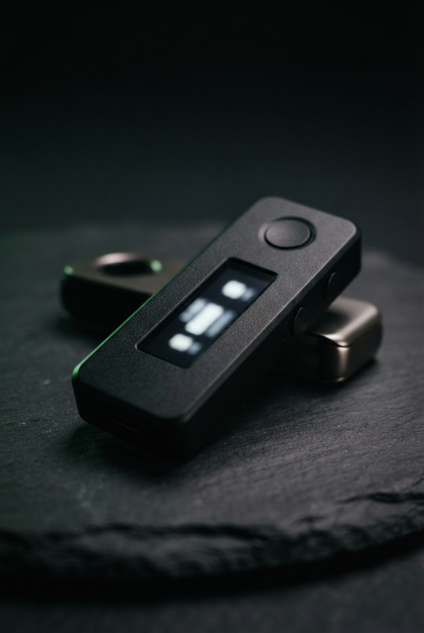 Black handheld device with a circular button and glowing blurred display on a dark tabletop.