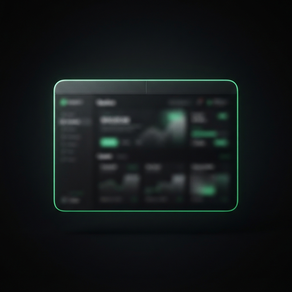Blurred dark dashboard interface with neon green rounded border and glowing controls.