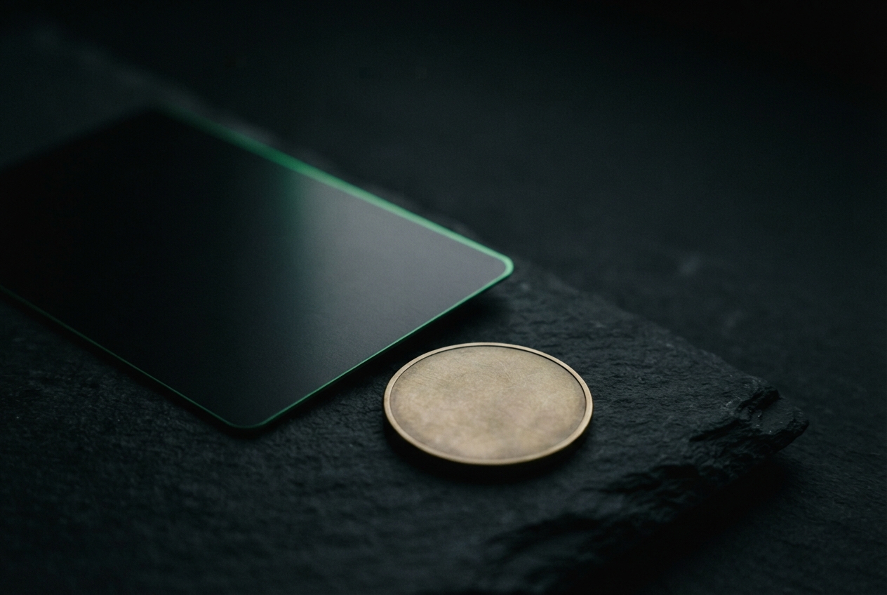 A blank black device with a green-lit edge and a worn brass-colored coin on a rough dark surface.