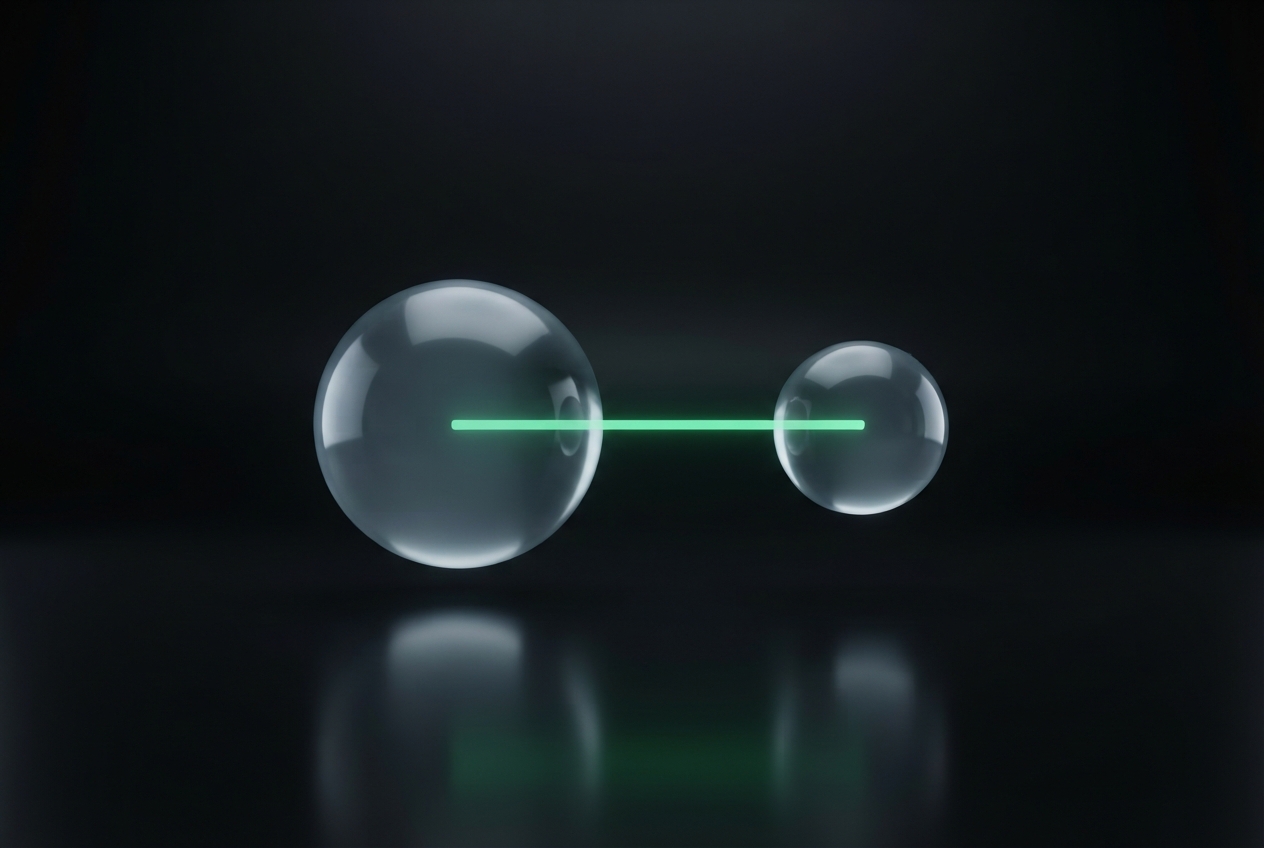 Two translucent glass spheres connected by a glowing horizontal green line above a reflective black surface.