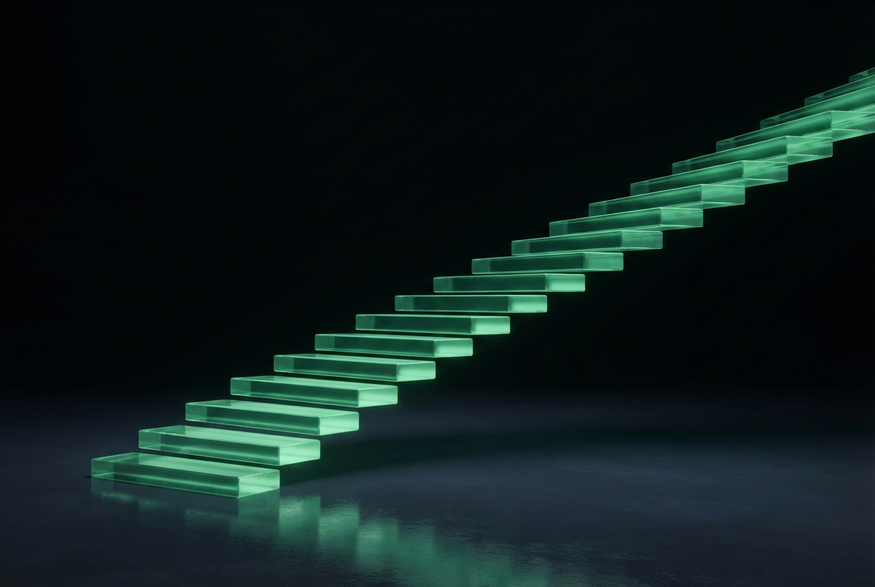 Translucent green floating stairs ascend diagonally across a dark space above a reflective floor.