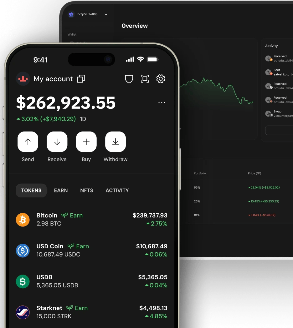 Xverse mobile app and desktop wallet interfaces
