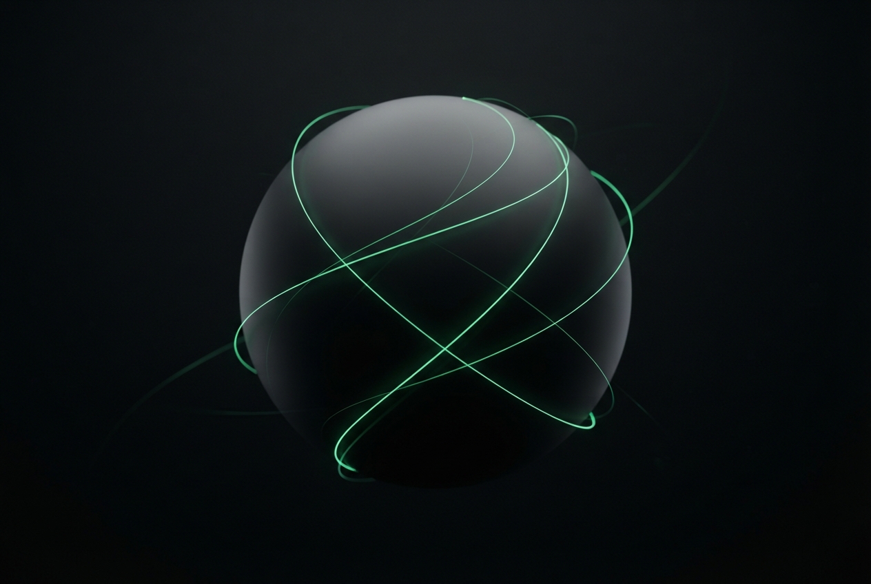 Translucent dark sphere encircled by glowing mint-green orbital lines against a black background.